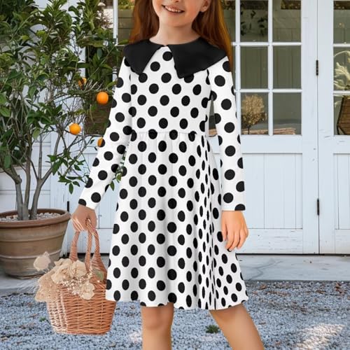 Girls Vintage Polka Dot Dress with Peter Pan Collar Loose Fit Long Sleeve Fall Winter Twirly Midi Dress3