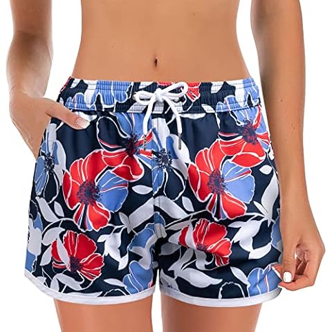 techcity Women's Swim Shorts Quick Dry Board Short Drawstring Swimwear Beach Shorts Summer Casual Bottom with Pockets, Flower Blue, Small Cover