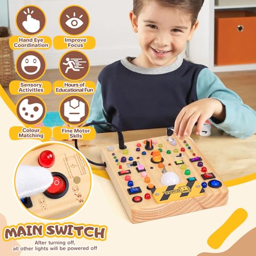 Image of Busy Board with LED Light Switches, Montessori Toys for 1 2 3 Years Old, Toddlers Wooden Toy Sensory Activity Board, Travel Toys for 1+ Year Old Boy & Girl Birthday Gift (19 Switches)