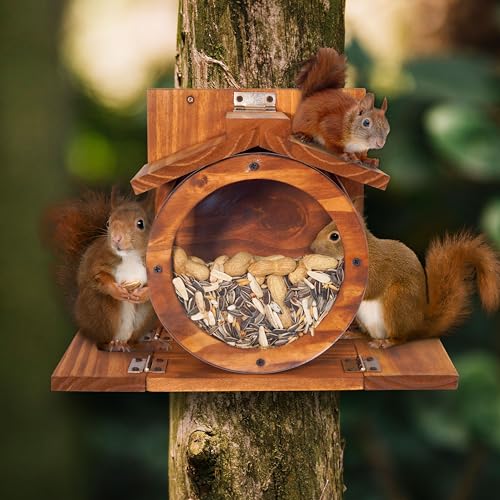 MIXUMON Wood Squirrel Feeder, Squirrel Feeders for Outside Winter, Wooden Chipmunk Feeder for Corn, Peanuts, Durable Box Easy to Fill with The Roof Can Be Opened