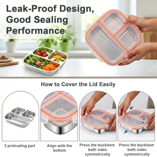 Image of Supvox Steel Tiffin Box for Kids, Snack Box for Kids with Airtight Seal | 3-Compartment Food Container, BPA Free Clear Lid, Portable Bento Box for School Office Travel, 600ml