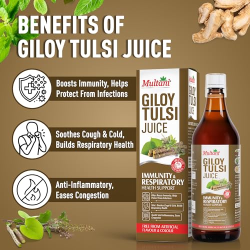 Image of Multani Giloy Tulsi Ayurvedic Juice 1L | For Immunity Booster | Supports Respiratory Health & Digestion | With Ayurvedic Ingredients Giloy, Tulsi & Sunthi | No Artificial Flavour & Colour