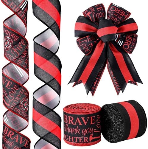 2 Rolls 20 Yards Firefighter Support Ribbon Black Red Stripe Serv...
