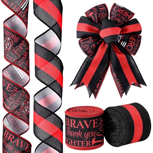 2 Rolls 20 Yards Firefighter Support Ribbon Black Red Stripe Serv...