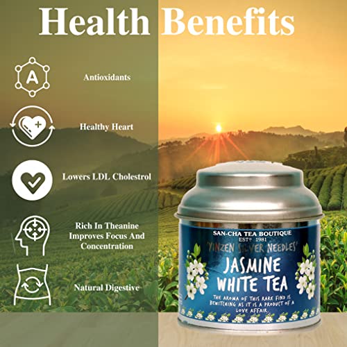 Image of Sancha Tea Boutique, Jasmine White Tea(25X3 Cups), Pure Tea Buds married to real Jasmine Flowers, Worlds Healthiest Tea, Silver Needles White Tea, Jasmine Tea