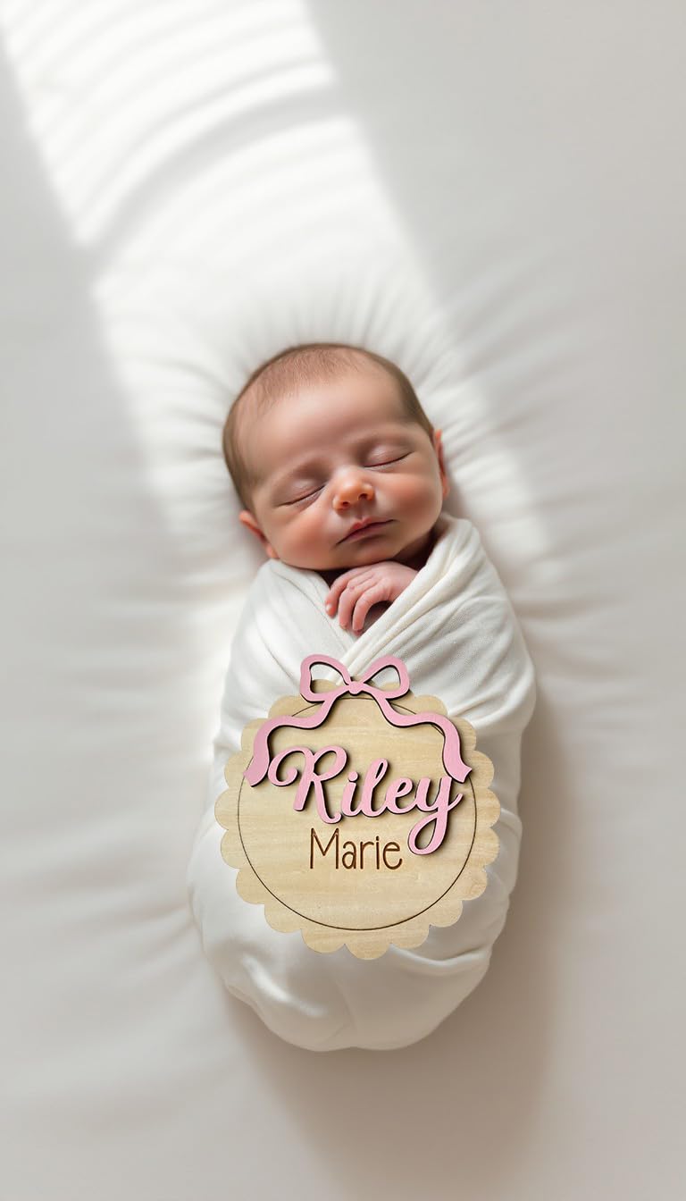 Personalized Baby Girl Birth Announcement Sign – Custom Round Wooden Name Plaque with Bow – Scalloped Edge Newborn Hospital Photo Prop & Keepsake (Bundle 2 Sign Set)