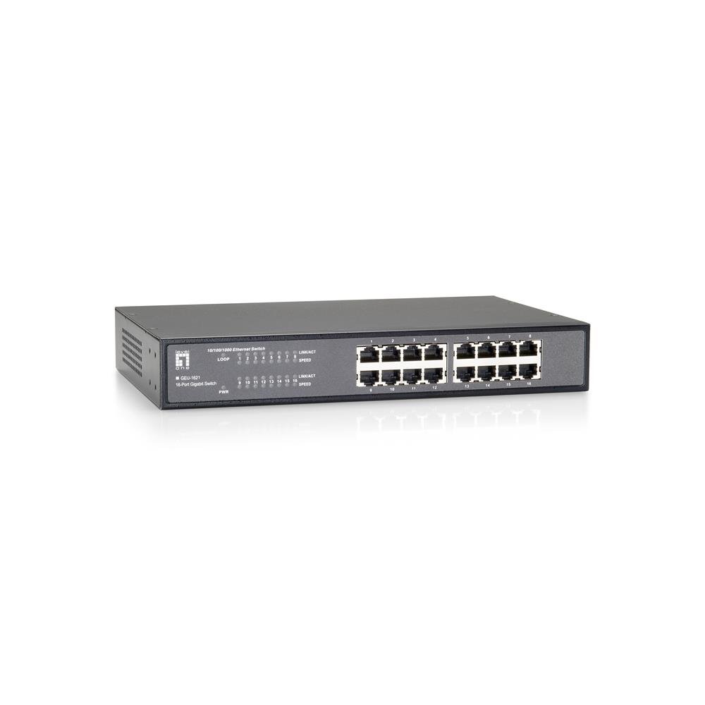 LevelOne Switch 16 Puertos Gigabit - Switch de Red (No administrado, Gigabit Ethernet (10/100/1000), Bidireccional Completo (Full Duplex), Montaje en Rack)