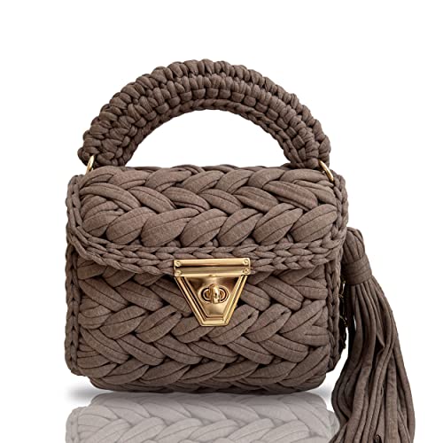 CHQEL Evening Clutch Bag for Women, Handmade Crochet Wedding Party Purse, Small Flap Formal Crossbody Handbag Evening Clutch (Brown)