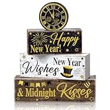 Moucuny 4 Pcs New Year Table Decoration Eve Party Supplies 2026 Gold Black Tiered Tray Decor Happy New Year Centerpiece Rustic Decorative Clock Block Signs Gift for Home Eve Party Decoration