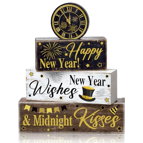 Moucuny 4 Pcs New Year Table Decorations, Happy New Year Wood Block Sign