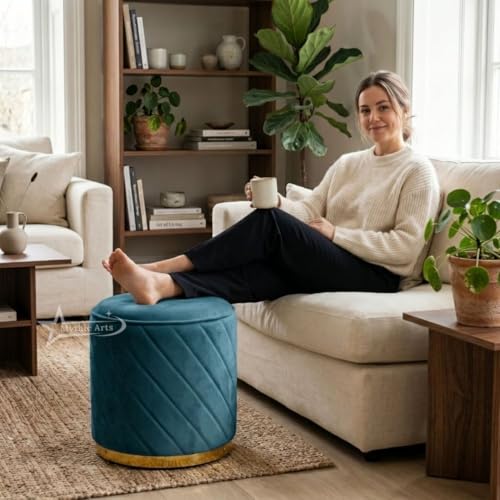 Image of Ottoman Stool, Puffy Stool, Sitting Stool, Modern Upholstered Round Ottoman, Dressing Table for Living-Aqua