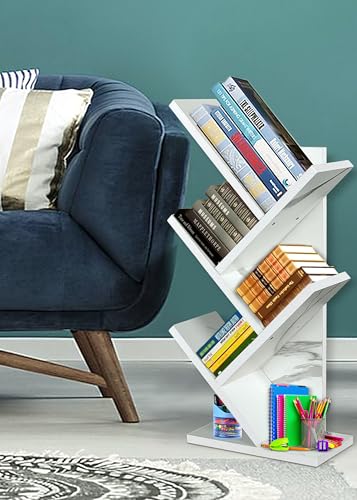 Image of SBF Furniture Tree Bookshelf Floor Standing Bookcase Free Standing Multipurpose Storage Rack for Books Magazines Organizer Showcase DIY (5 Tier - White, 5 Tier)