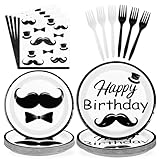 Greencian 96Pcs Mustache Party Supplies Happy Birthday Plates and Napkins Fake Mustache Hat Bowtie Tableware Set for Little Man Themed Birthday Decorations Baby Shower Supplies Serves 24