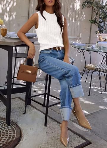 Ezbelle Women's Summer Crop Shirts Sleeveless Tops Cable Knit Tank Work Sweaters Vest Trendy Outfits2