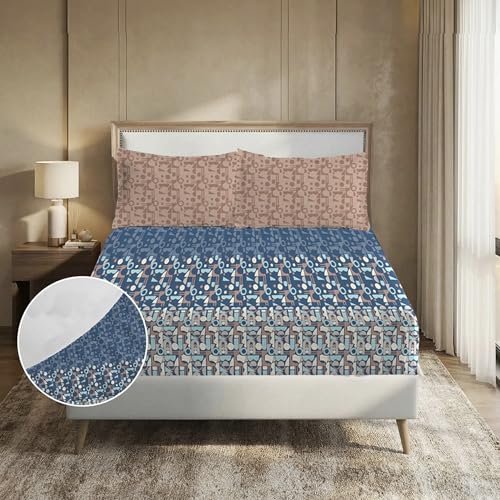 Image of MYTRIDENT Soft Comfort Bedsheet for Double Bed King Size | 182 cm x 198 cm + 30 cm | 200 TC, Sateen Weave, 100% Cotton, Elastic fittedsheet with 2 Pillow Covers and Breathable - Deco Dusk