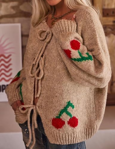 FindThy Women’s Tie Front Cardigan Sweater Cute Long Sleeve Crew Neck Bow Knot Knit Outwear4