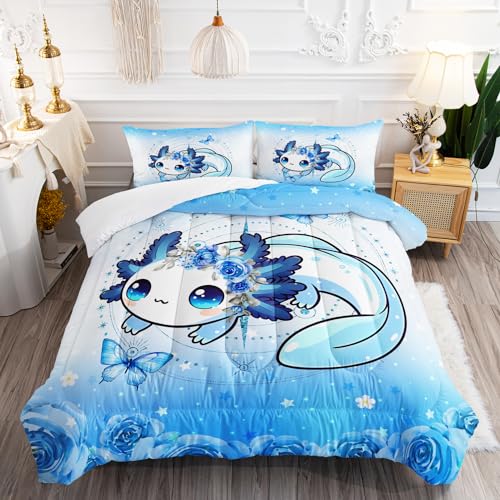 AILONEN Cartoon Axolotl Kids Comforter Set Twin Size, Blue Axolotl Printed Kawaii Bedding Set Girls Bed in a Bag, 3 Pieces, Wildlife Animals Salamander Comforter with 2 Pillowcases