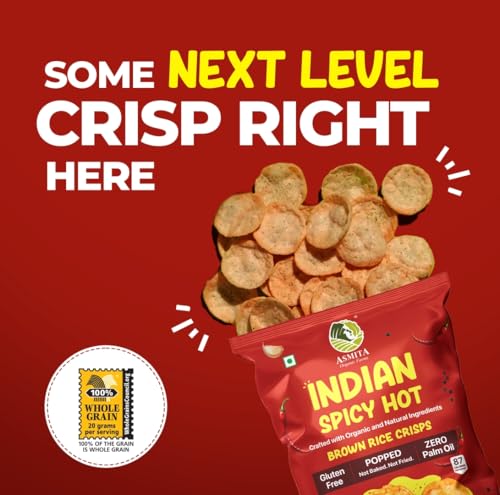Image of Asmita Organic Farms Brown Rice Popped Crisps (55g, Pack of 3) | Not Baked, Not Fried | Low Fat, High Fiber, with Foxtail Millet | Healthy, Low-Calorie, Popped Snack | Indian Spicy Hot Flavor, Guilt-Free Snack Option