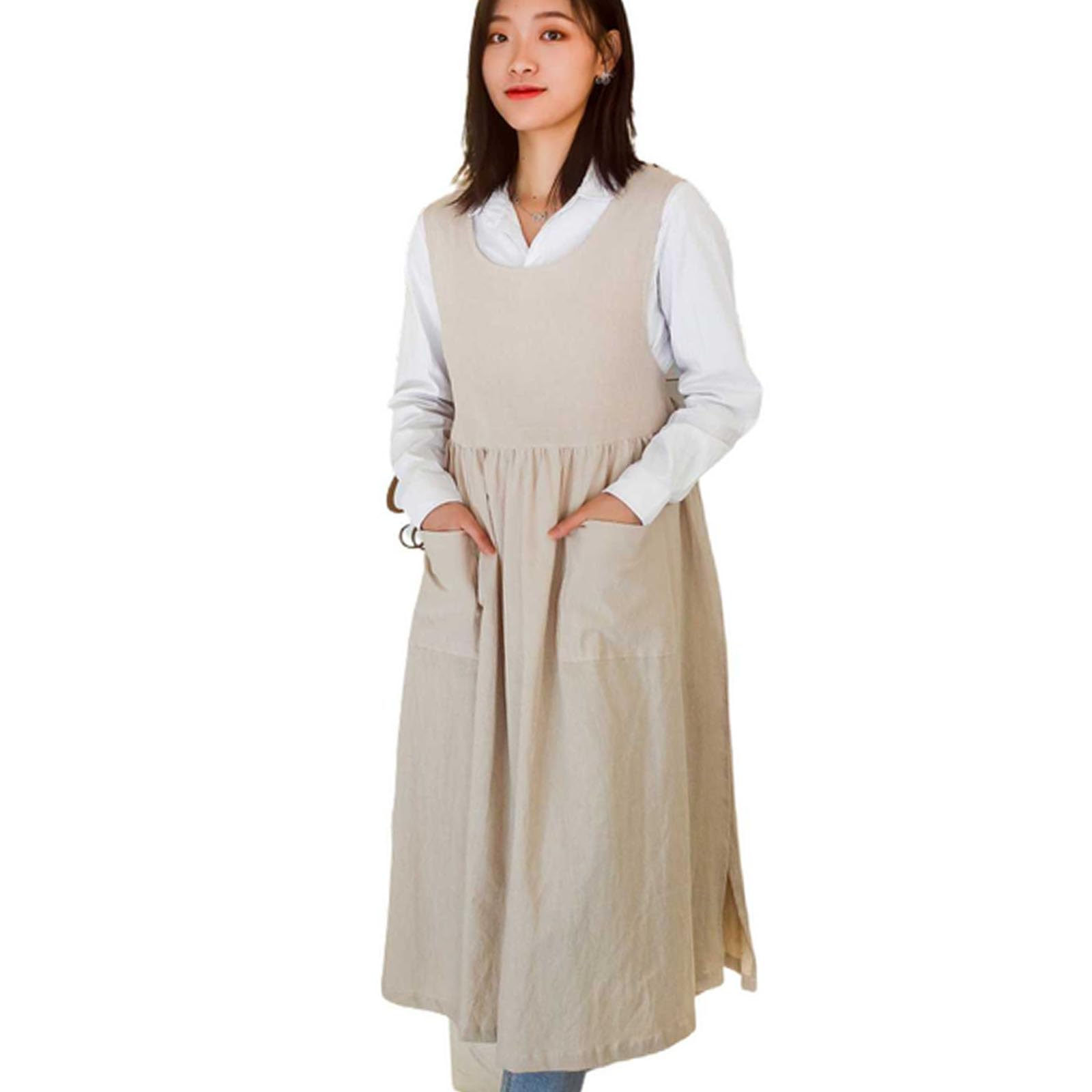 Damen Baumwollschürze Verstellbare Wasserdicht Kochschürze Mit 2 Taschen Für Koch, Küche, Zuhause, Restaurant, Cafe, Kochen, Backen, Gartenarbeit,Beige