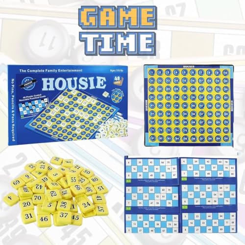 Image of Housie Game Set for Family Entertainment - 48 Reusable Plastic-Coated Cards, 1-90 Number Board, 90 Number Tiles, No Pens or Pins Required - Classic Tambola Board Game for Kids & Adults