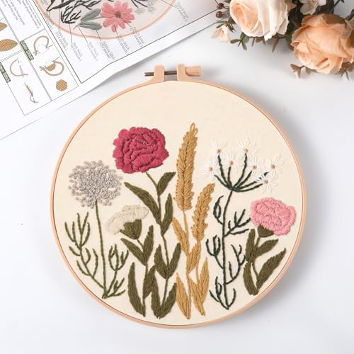 Image of 4 Sets Embroidery Kit for Beginners with Instructions Adults-Cross Stitch Kits for Beginner, Including Printed Embroidery Cloth with flower Patterns, Plastic Embroidery Rings, Colored Threads, Needles