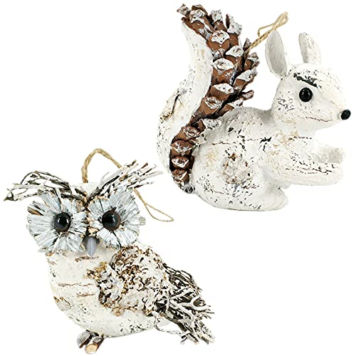 Nature Vibe White Owl Squirrel Christmas Ornaments, Set of 2 Birch Decor for Winter Wonderland Ornaments,Forest Animals Figurines as Christmas Decoration,Gifts for Festival or Home Decor Accents