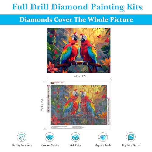 Image of HEIBAGO Birds Diamond Art Kits for Adults, Diamond Painting Kits Parrots for Adults Beginners, 5D Colorful Full Drill Round Diamond Art Painting, DIY Diamond Dots for Adult for Home Wall Decor 16x12In