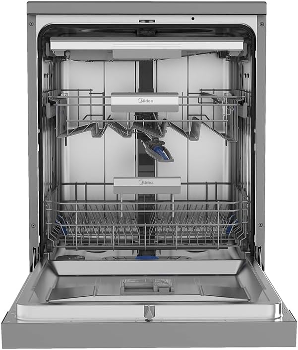 Midea WQP15WU7633GSS Dishwasher, interior view com porta aberta