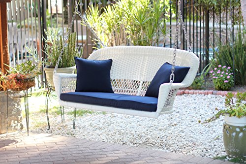 Jeco Wicker Porch Swing in White with Blue Cushion