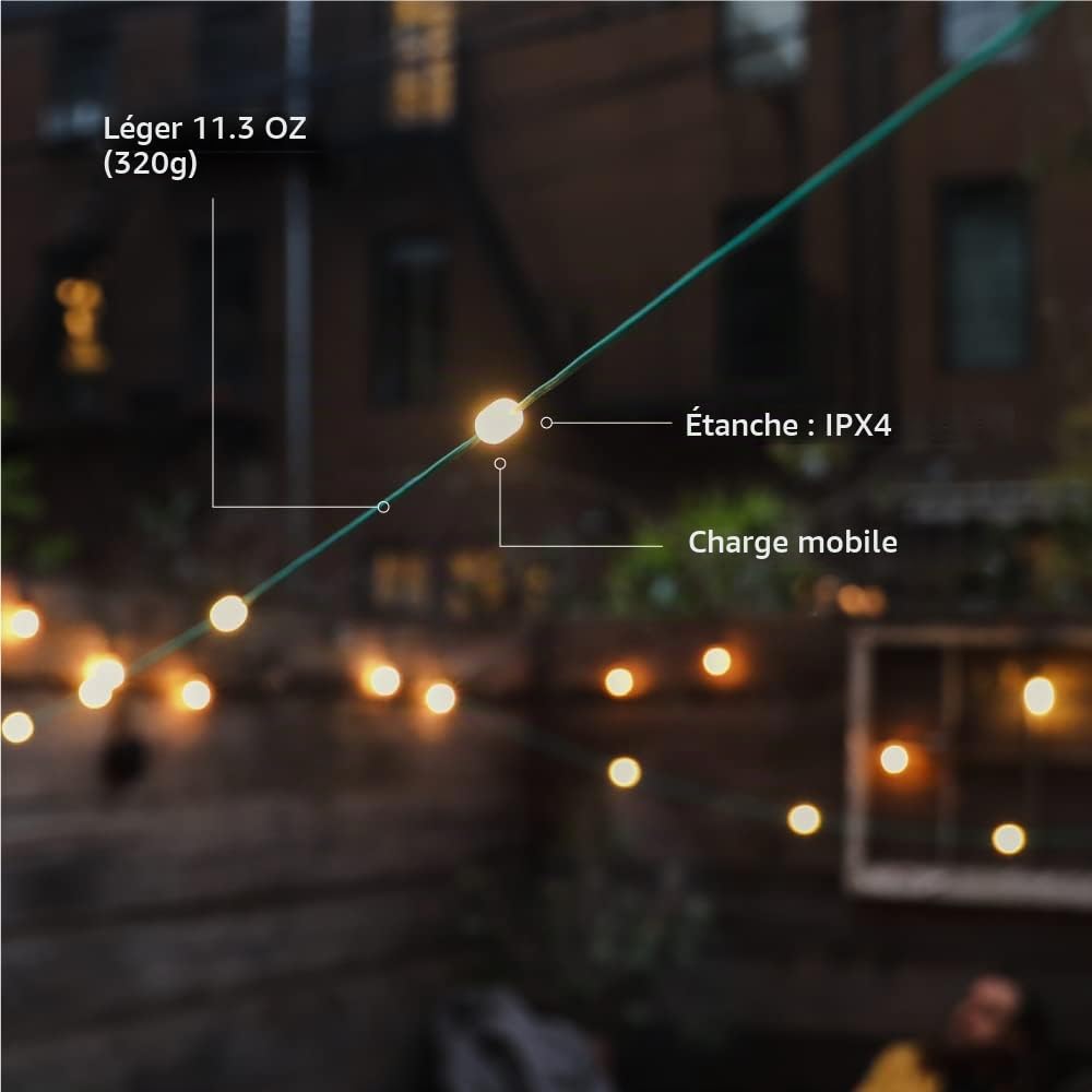 MPOWERD Luci Guirlande lumineuse solaire et chargeur de téléphone portable 5,5 m 100 lumens avec LED blanches Autonomie jusqu'à 20 heures Batterie rechargeable via solaire ou USB Étanche Camping