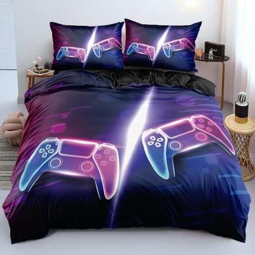 Holiyjog King Size Duvet Cover Set - Blue and Pink Gaming Bedroom Decor with Gamepad Print, Bedding Set for Boys & Girls Room, Comforter Cover with Pillowcases for Gamers