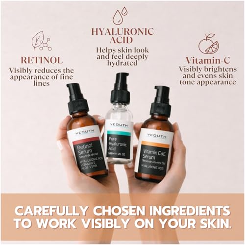 YEOUTH Skin Care Set: Retinol Serum for Face, Vitamin C and Hyaluronic Acid Face Serum, Facial Skincare Serums that Targets Appearance of Uneven Skin and Dryness 3x1 oz