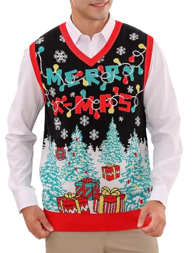RAISEVERN Ugly Christmas Sweater Vest Mens Funny Knitted V-Neck Jumper Holiday
