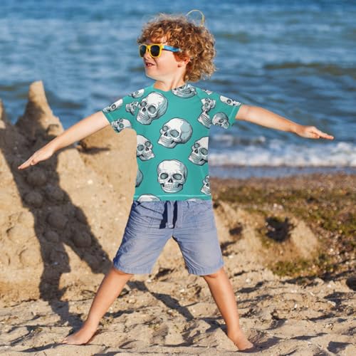 Boys Short Sleeve T-Shirts Skull Skeleton Green Rashguard Kids Swim Shirts Sun UPF 50+4
