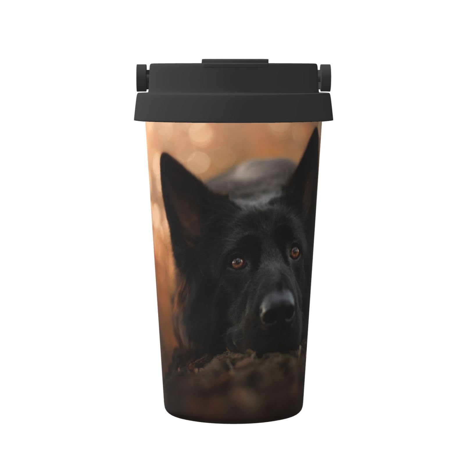FUkker Insulated Coffee Mug,500 ml Travel Mug Stainless Steel Insulated Tumbler Coffee Cup,Black German Shepherd Bokeh Autumn German