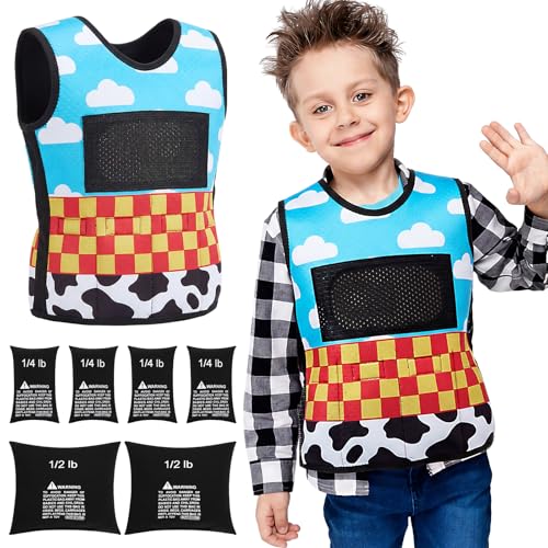 Image of Janmercy Weighted Vest for Kids Ages 4 to 7 and Ages 8+ Boy Girl Adjustable Breathable Compression Vest for Processing Issue (Animated Style,Small,Denim Blue,Beige)