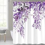 ZROFULL Purple Eucalyptus Shower Curtain, Watercolor Plant Leaves with Floral Bathroom Decor Waterproof Fabric White Background Shower Curtain with Hooks 72x72 Inch