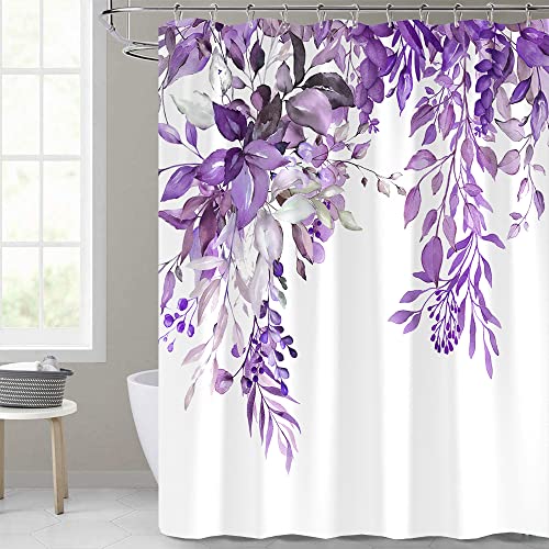 ZROFULL Purple Eucalyptus Shower Curtain, Watercolor Plant Leaves with Floral Bathroom Decor Waterproof Fabric White Background Shower Curtain with Hooks 72x72 Inch
