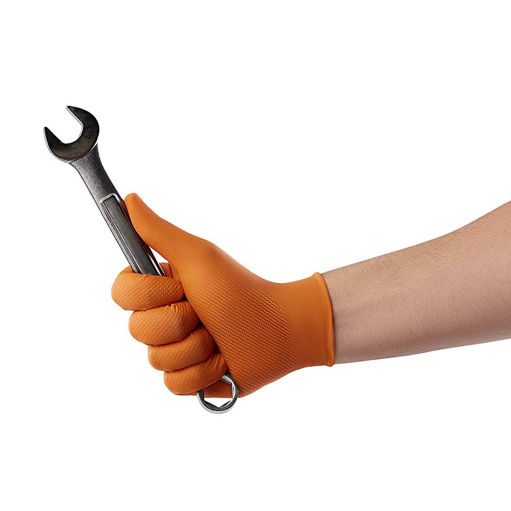 Venom Steel Guantes de nitrilo de agarre máximo, 8 mm de grosor, textura de diamante elevada para agarre, resistente a pinchazos y roturas, naranja de alta visibilidad, talla única (100 unidades)