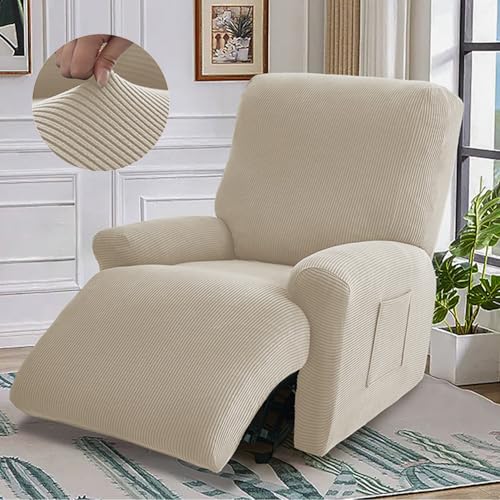 Fansu Funda de Sillón Relax 1 Plaza, Rayas Jacquard Elasticidad para Sillón Relax Funda Protector Reclinable con Bolsillos Laterales, 4 Piezas Extraíbles y Lavables (Beige,1 Place)