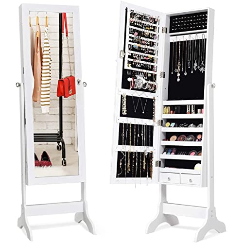 Lowander freistehender gerader Spiegelschrank 150 cm - Standvitrine mit Passpiegel / Schmuckschrank mit Spiegel - Weiß Cover