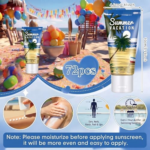 Image of 72 Pcs Travel Size Mini Sunscreen Bulk for Summer Vacation Spf 30 Water Resistant Sunscreen Lotion Sunblock for Thank You Gifts Hawaiian Wedding Pool Party Favor (Summer Vacation)