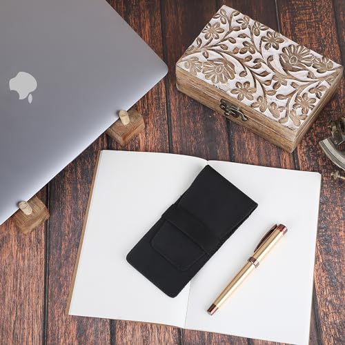 Image of Leather Pen Holder, Genuine 3 Pen Case with Tuck-in Flap, Brown Leather Case for Fountain, Ballpoint & Rollerball Pens, Travel Organizer, Luxury Executive Pen Storage Sleeve (3 Pen, Black)