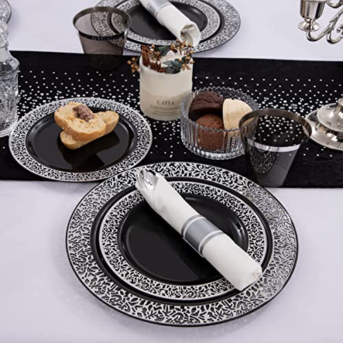Noccur 210Pcs Black And Silver Plastic Plates With Plastic Prewrapped Silverware And Silver Cups - Lace Design Disposable Plastic Dinnerware New Year's Plates--Ideal For All Occasions #TOP4