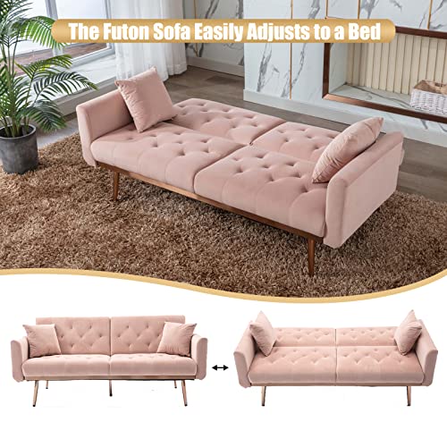 Tehrecbt Velvet Accent Sofa Loveseat Sofa With Rose Gold Metal Feet, Futon Sofa Bed Convertible Sleeper Sofa For Living Room, Small Splitback Sofa With 2 Pillow (63.8'L'x31.5''Dx30.7''H, Pink) #TOP2