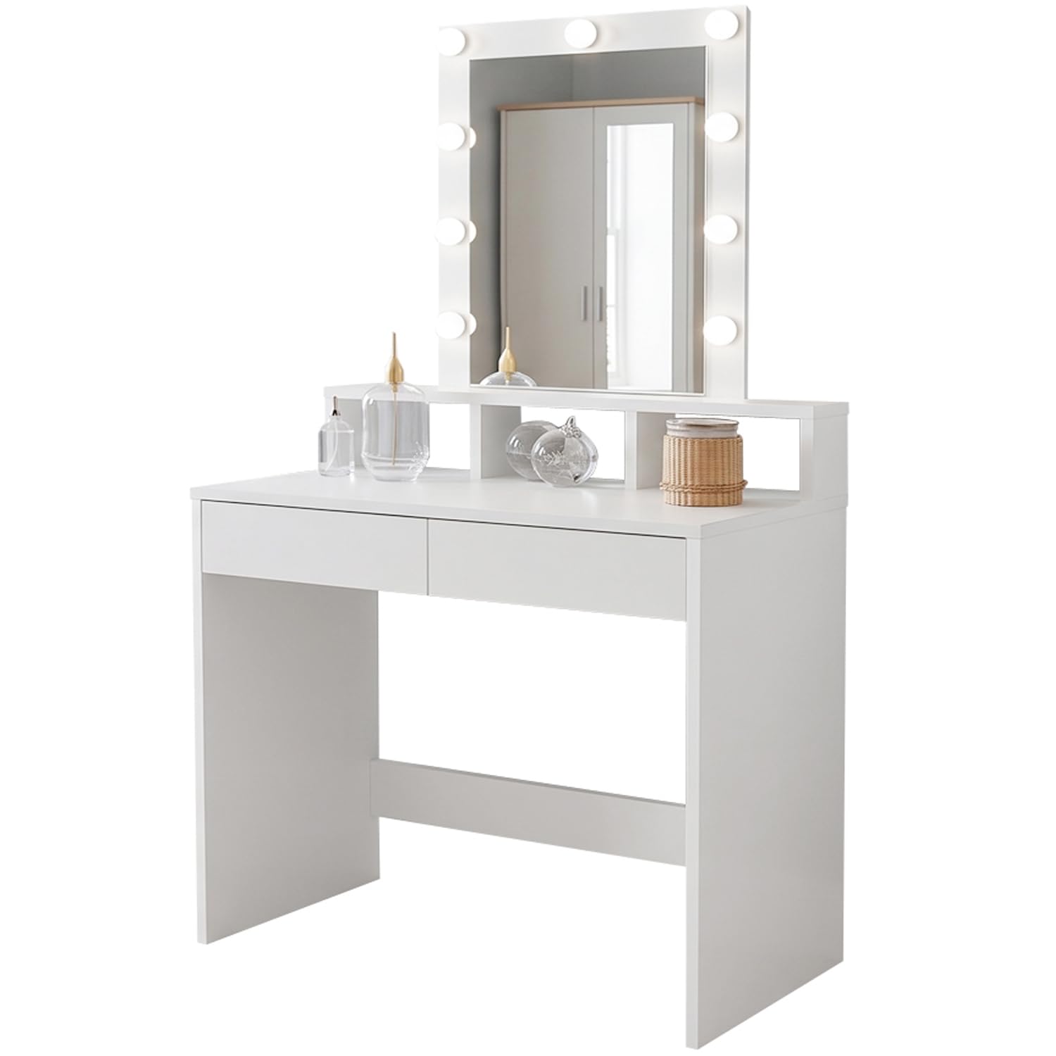 DORMIDAN Tocador de Maquillaje Grande con Espejo y Luces Led. Mesa 2 cajones y 2 estantes (Blanco)