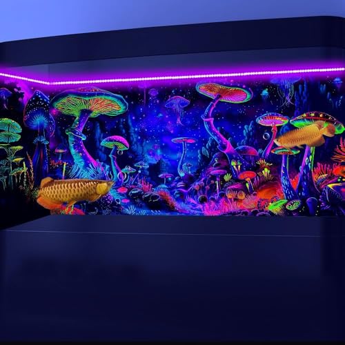 Image of 60X24IN Blacklight Mushroom Black Light Aquarium Background UV Reactive Background Starry Sky Terrarium Mushroom Theme Background with 10 EVA Double-Sided Tape