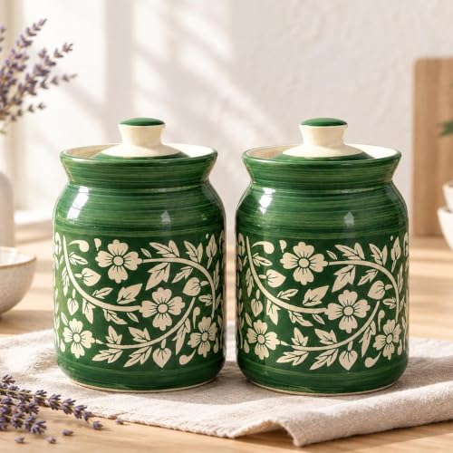 Image of D'Maiolica Ceramic Handmade Pickle Jars in 1000ml (set of 2) | Floral Bale 1 kg Achaar Martban | Ceramic Jadi for Kitchen Storage (Set of 2) | Jars for Achar, Spices, Salt (Florian Green)
