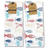 Summer Kitchen Dish Towel Set: Colorful School of Fish Design, Set of 2 (Ocean)