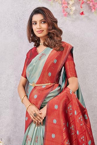 Image of Women's Banarasi Silk Saree with Rich Pallu, Jacquard Zari Weaving Work & Unstitched Blouse Piece, Traditional Ethnic for Wedding, Party & Festive Occasion